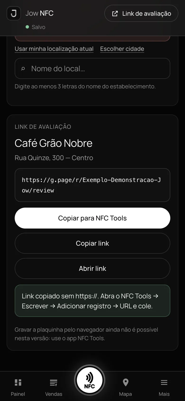 Tela Link NFC com o link de avaliação pronto e os botões Copiar para NFC Tools, Copiar link e Abrir link (dados de demonstração)