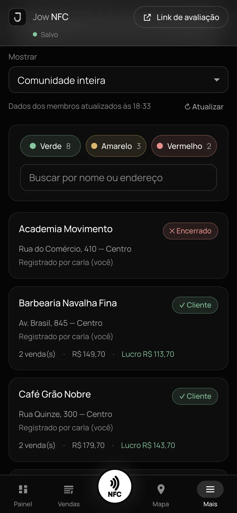 Lista de locais com as etiquetas cliente, em andamento e encerrado