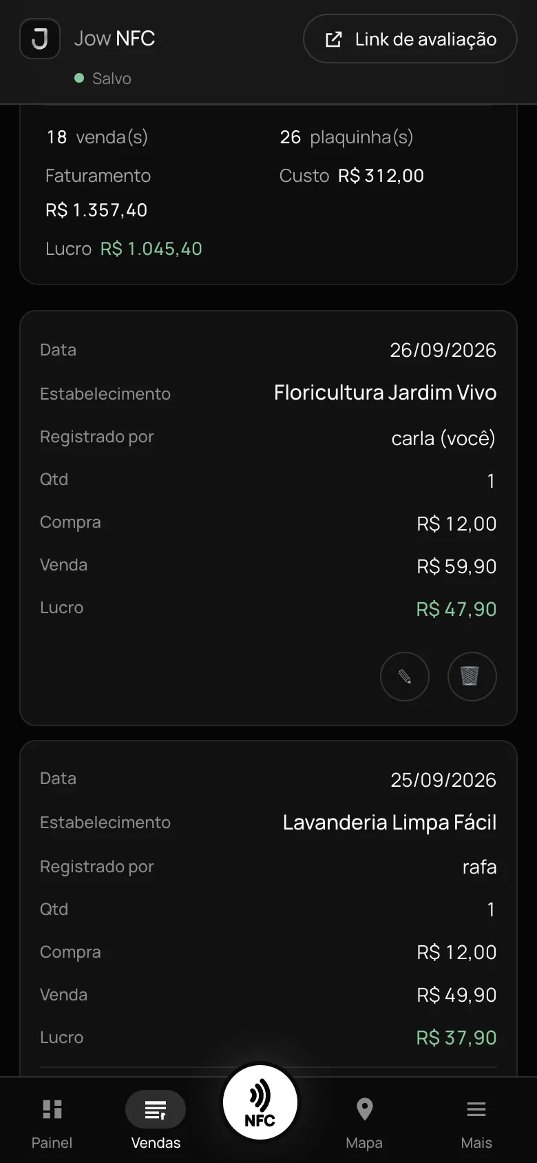 Tela de Vendas do Jow NFC com dados de demonstração
